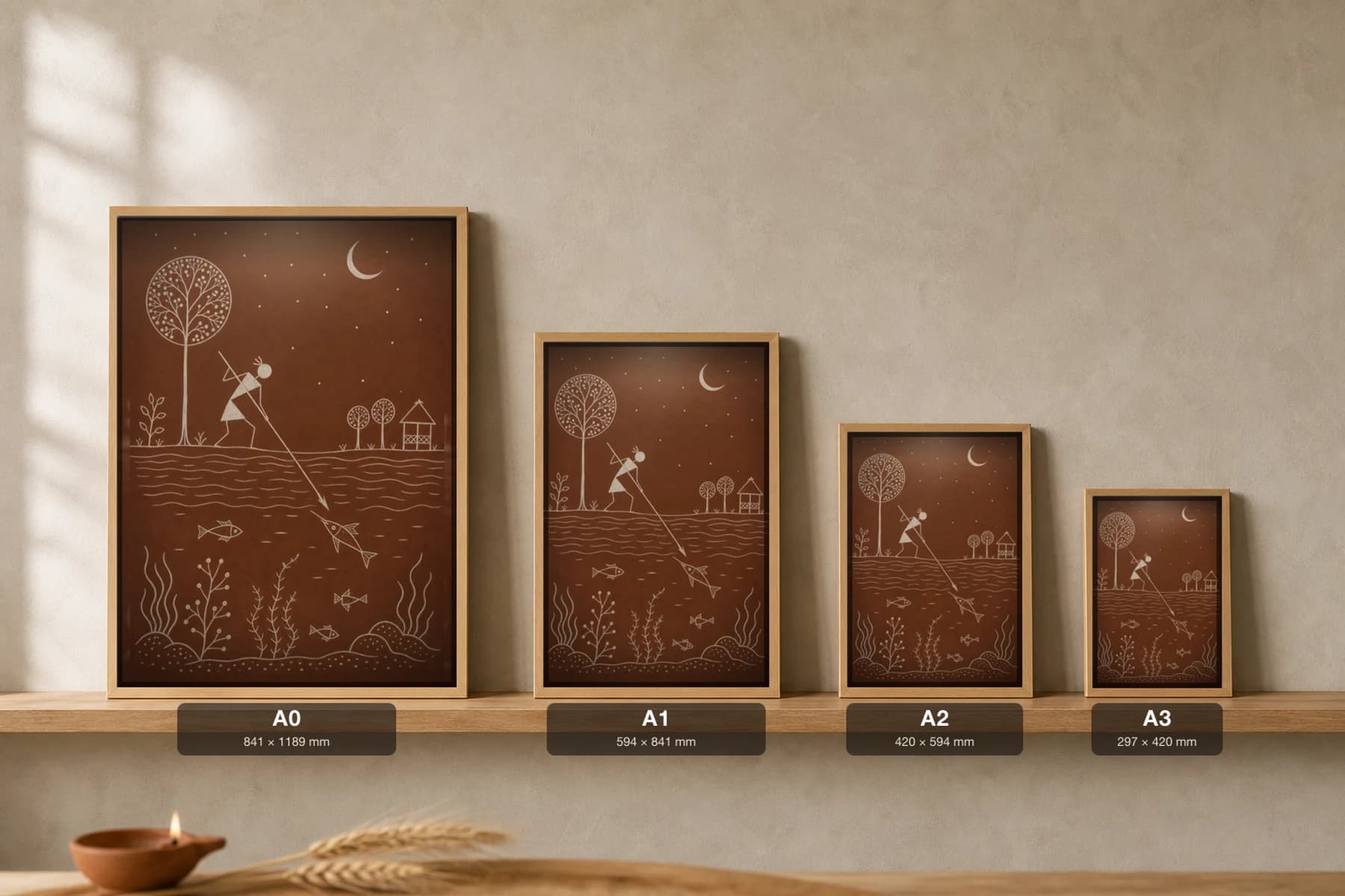 Palghar Night Spear Fishing Warli Poster — classical Indian folk art wall decor · framed A2 — print size guide showing the artwork at A0, A1, A2 and A3 in natural-oak frames at true relative scale