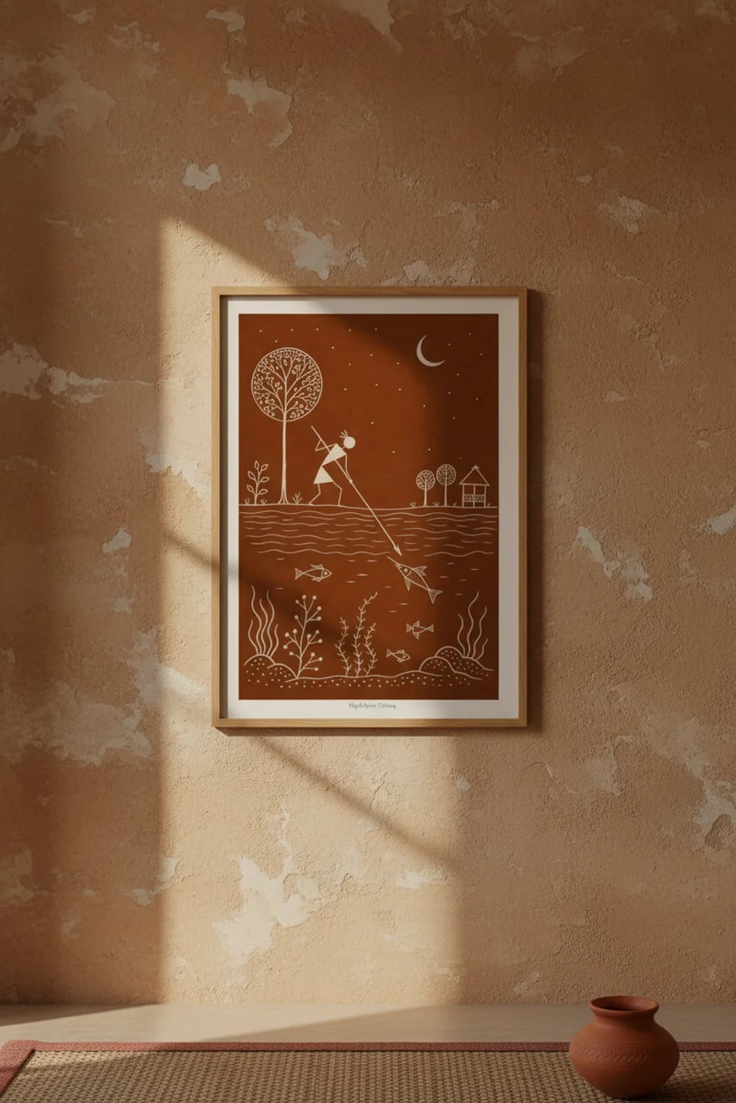 Night Spear Fishing Warli print in natural oak A2 frame on warm-earth-neutral mud-plaster wall — rustic Indian folk art mockup