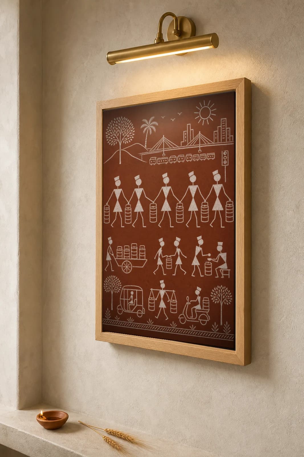 Mumbai Dabbawala Tiffin Chain Warli Poster — fusion Indian folk art wall decor · framed A2 — the framed print shown at a three-quarter angle on a styled gallery wall in a natural-oak frame