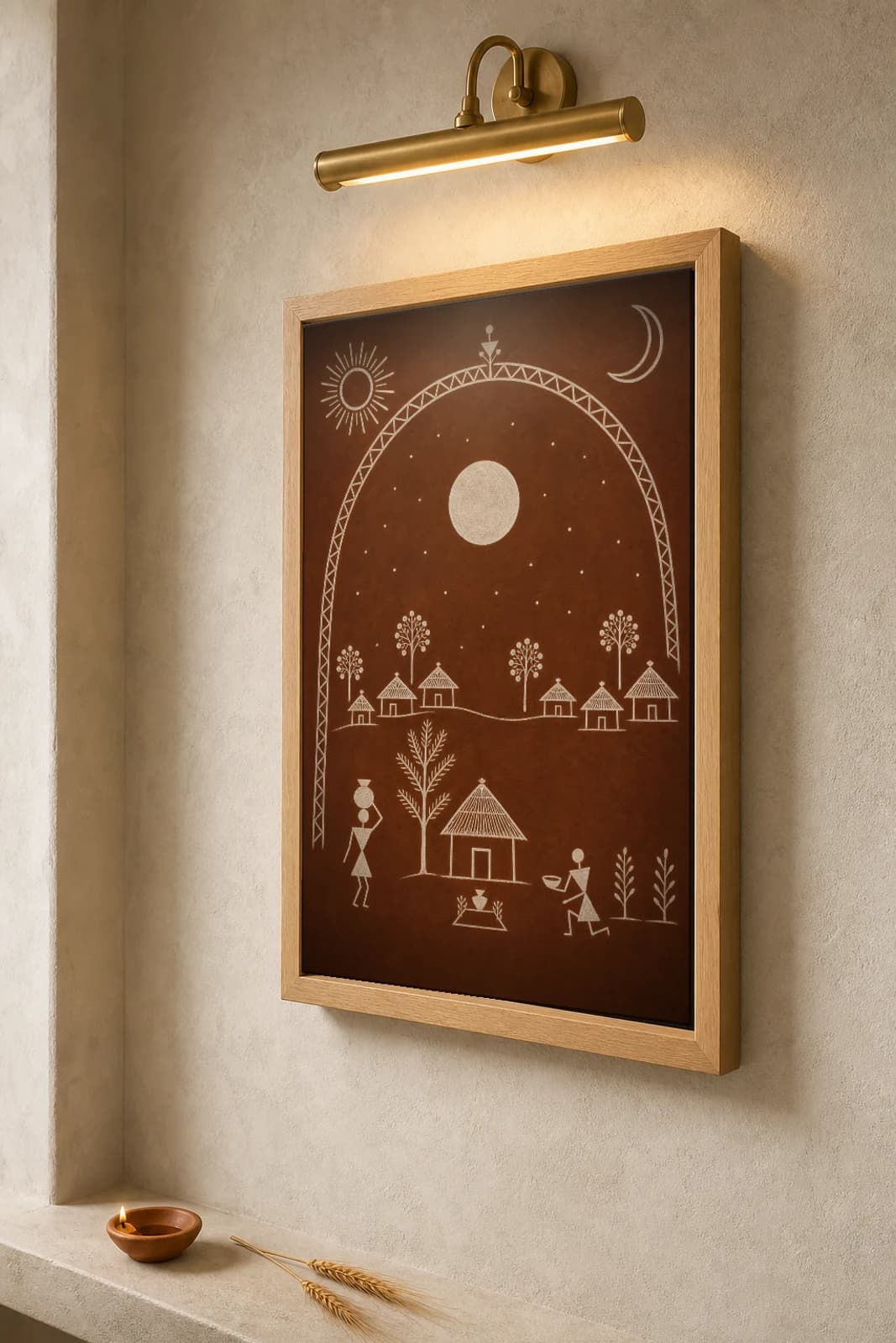 Mokhada Full Moon Night Warli Poster — classical Indian folk art wall decor · framed A2 — the framed print shown at a three-quarter angle on a styled gallery wall in a natural-oak frame