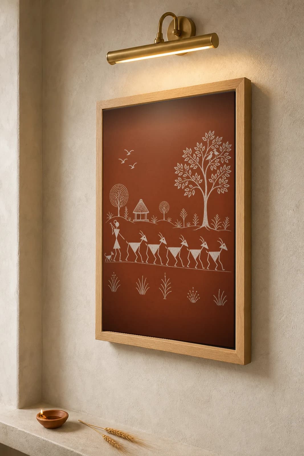 Palghar Goat Herd Warli Poster — classical Indian folk art wall decor · framed A2 — the framed print shown at a three-quarter angle on a styled gallery wall in a natural-oak frame