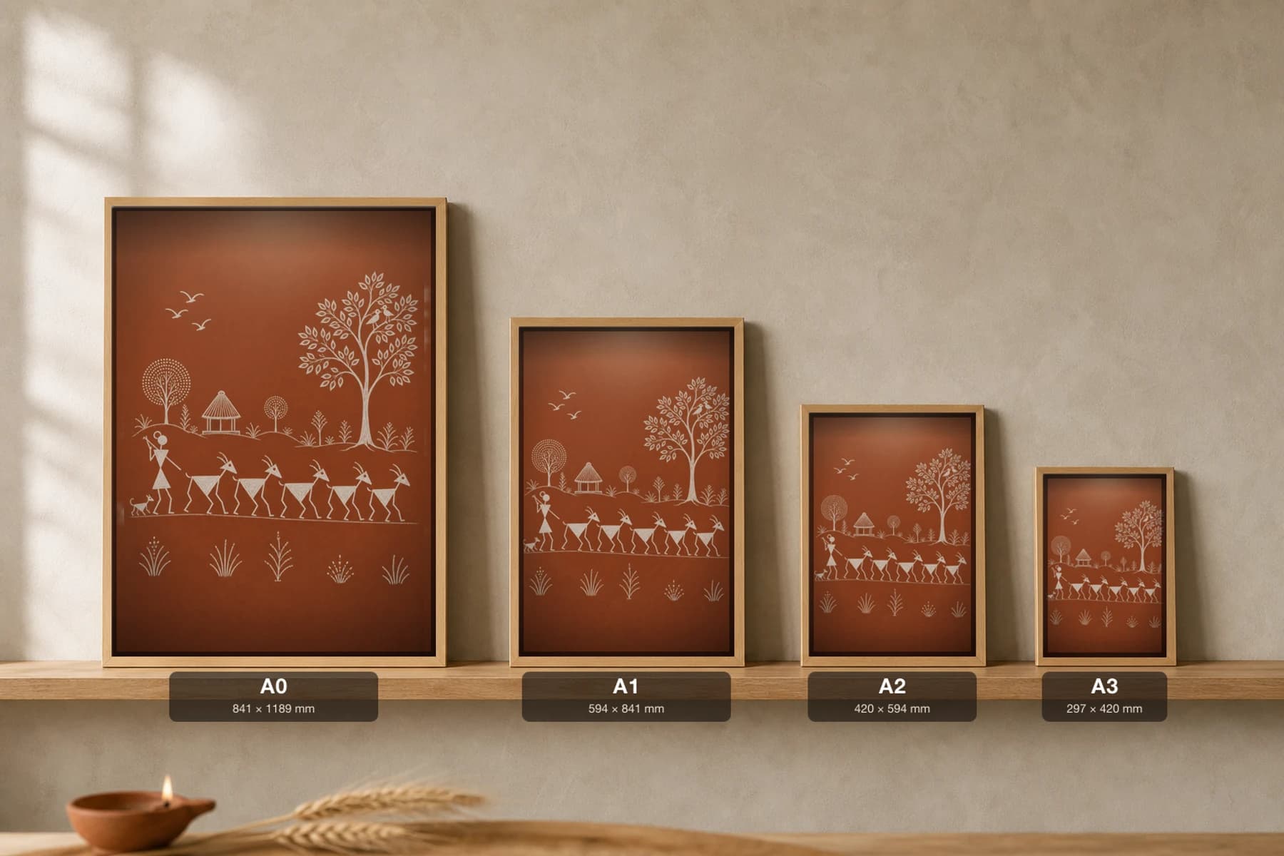 Palghar Goat Herd Warli Poster — classical Indian folk art wall decor · framed A2 — print size guide showing the artwork at A0, A1, A2 and A3 in natural-oak frames at true relative scale