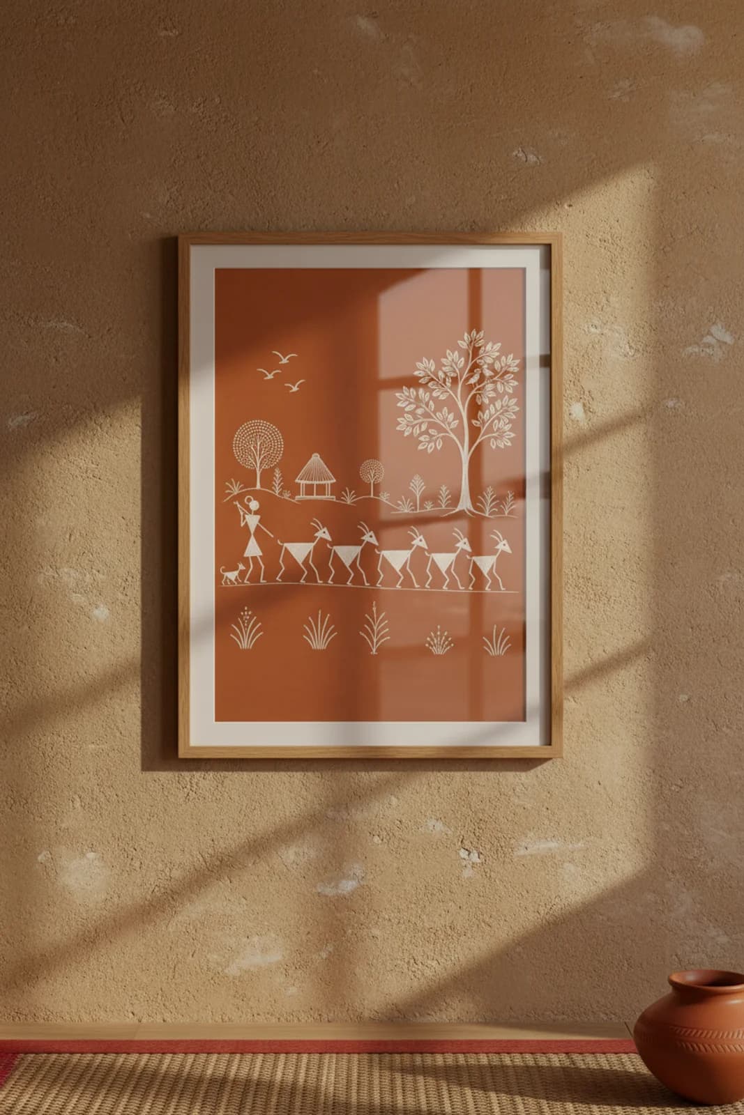 Goat Herd Return Warli print in natural oak A2 frame on warm-earth-neutral mud-plaster wall — rustic Indian folk art mockup