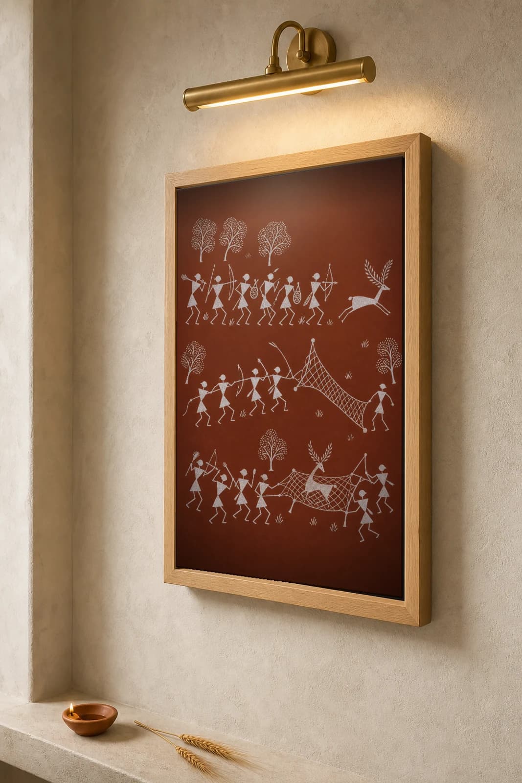 Dahanu Group Drive Warli Poster — classical Indian folk art wall decor · framed A2 — the framed print shown at a three-quarter angle on a styled gallery wall in a natural-oak frame
