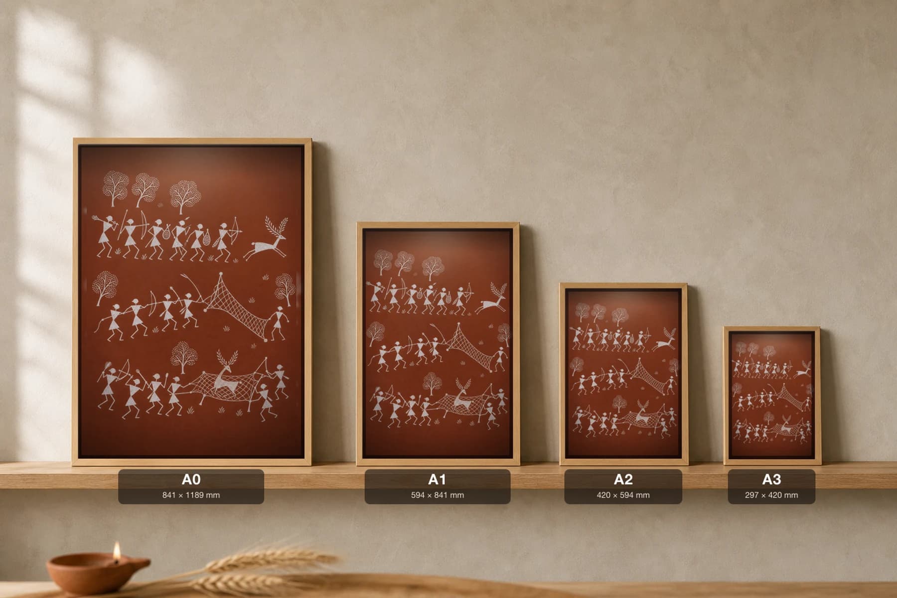 Dahanu Group Drive Warli Poster — classical Indian folk art wall decor · framed A2 — print size guide showing the artwork at A0, A1, A2 and A3 in natural-oak frames at true relative scale