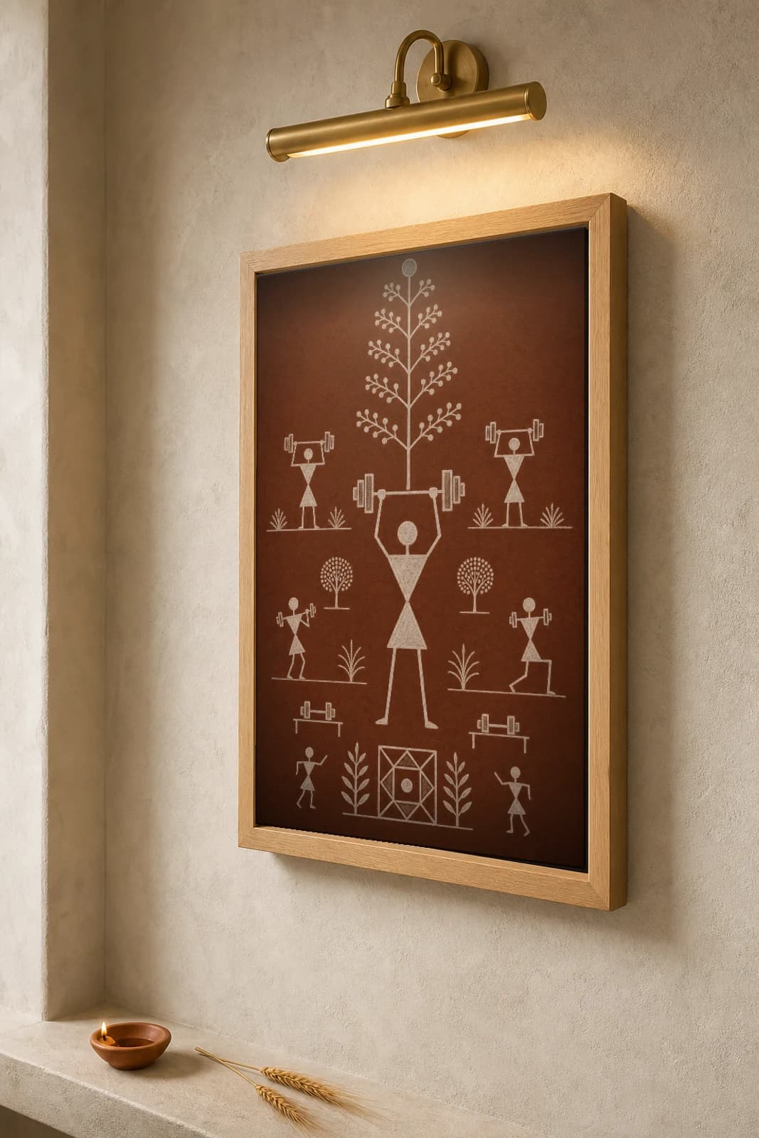 Mumbai Dumbbell Workout Warli Poster — fusion Indian folk art wall decor · framed A2 — the framed print shown at a three-quarter angle on a styled gallery wall in a natural-oak frame