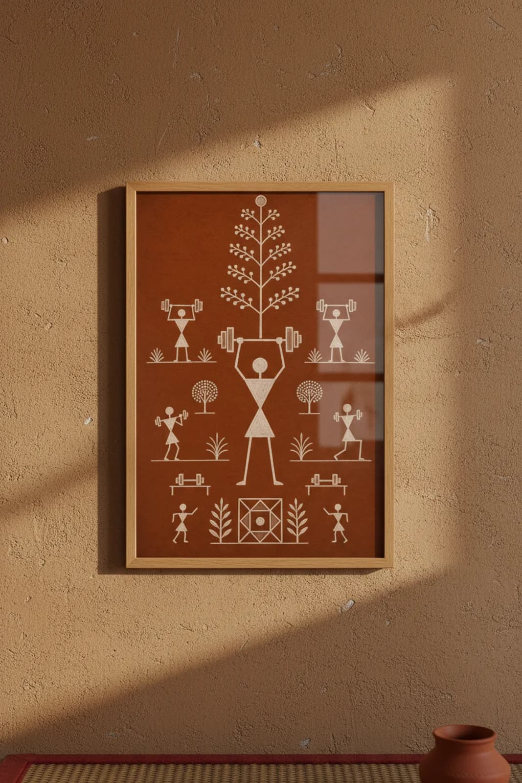 Gym Dumbbell Fusion Warli print in natural oak A2 frame on warm-earth-neutral mud-plaster wall — rustic Indian folk art mockup