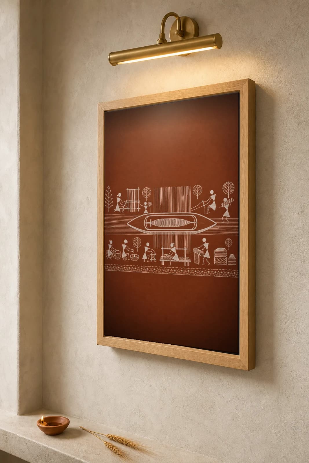 Varanasi Handloom Shuttle Warli Poster — fusion Indian folk art wall decor · framed A2 — the framed print shown at a three-quarter angle on a styled gallery wall in a natural-oak frame