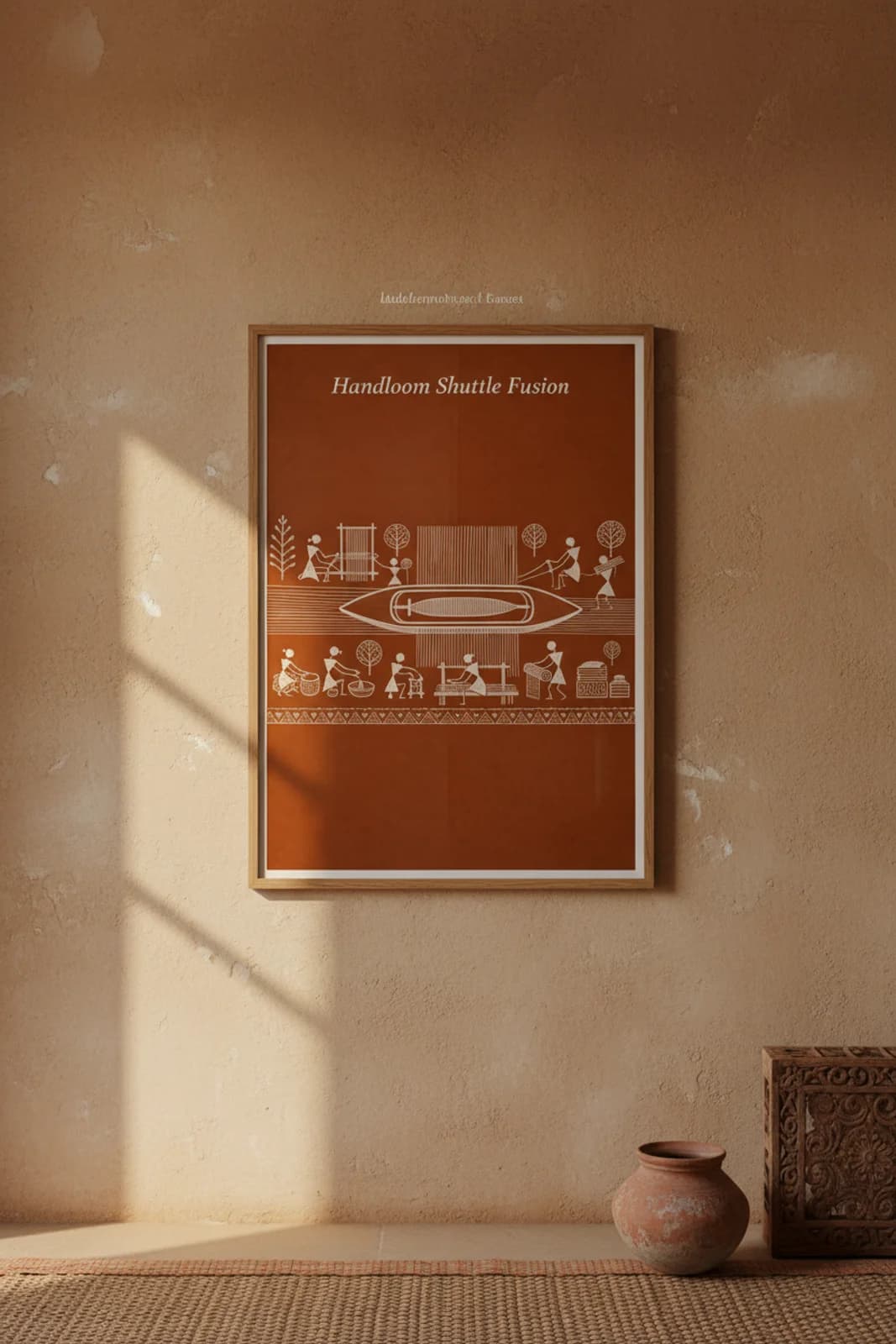 Handloom Shuttle Fusion Warli print in natural oak A2 frame on warm-earth-neutral mud-plaster wall — rustic Indian folk art mockup