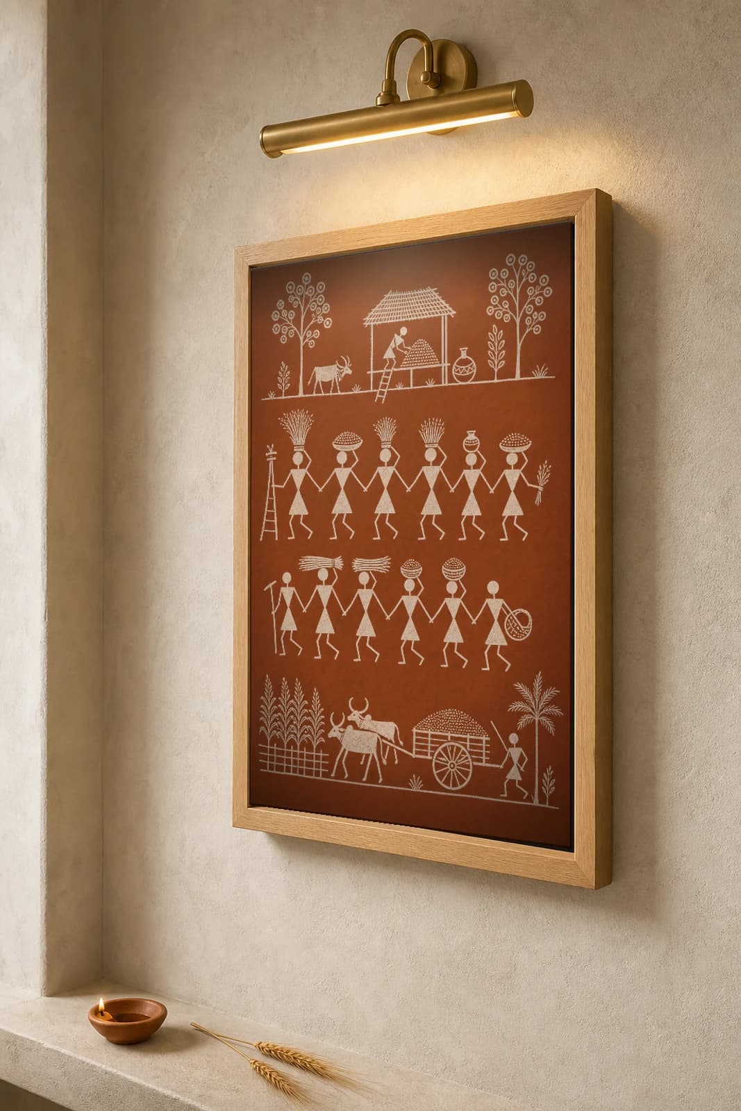 Palghar Grain Gathering Warli Poster — classical Indian folk art wall decor · framed A2 — the framed print shown at a three-quarter angle on a styled gallery wall in a natural-oak frame