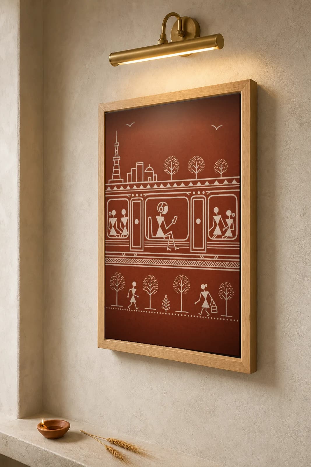 Delhi Headphone Commute Warli Poster — fusion Indian folk art wall decor · framed A2 — the framed print shown at a three-quarter angle on a styled gallery wall in a natural-oak frame