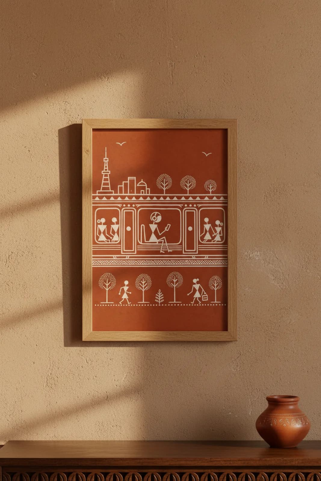 Headphones Commute Fusion Warli print in natural oak A2 frame on warm-earth-neutral mud-plaster wall — rustic Indian folk art mockup