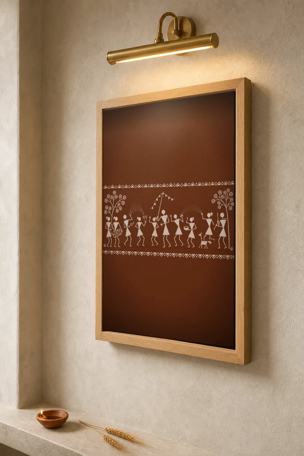 Jawhar Holi Walk Warli Poster — classical Indian folk art wall decor · framed A2 — the framed print shown at a three-quarter angle on a styled gallery wall in a natural-oak frame