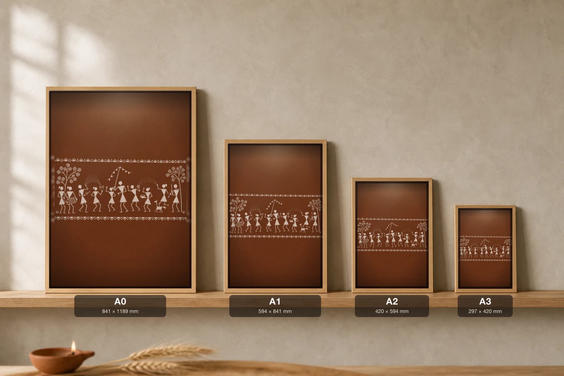 Jawhar Holi Walk Warli Poster — classical Indian folk art wall decor · framed A2 — print size guide showing the artwork at A0, A1, A2 and A3 in natural-oak frames at true relative scale