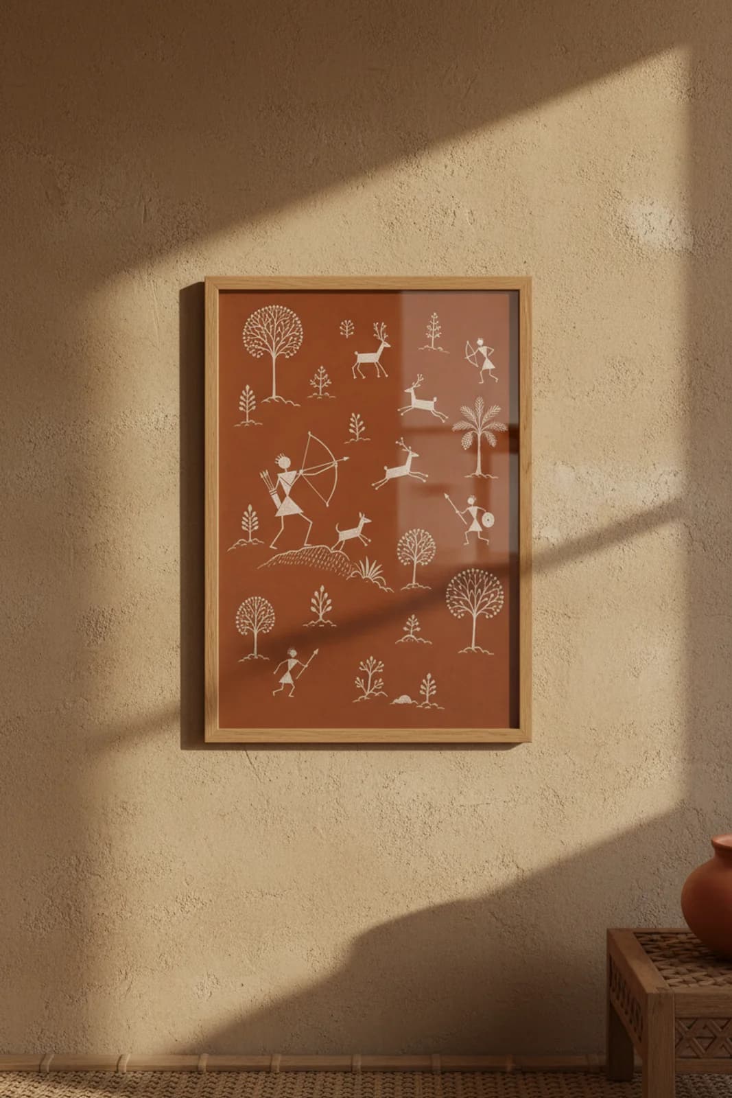Forest Hunt Warli print in natural oak A2 frame on warm-earth-neutral mud-plaster wall — rustic Indian folk art mockup