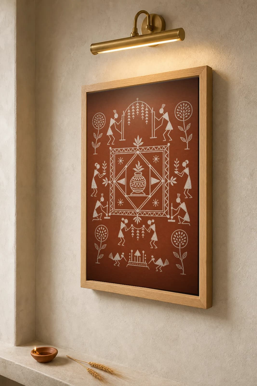 Jawhar Lagnacha Chauk Warli Poster — classical Indian folk art wall decor · framed A2 — the framed print shown at a three-quarter angle on a styled gallery wall in a natural-oak frame