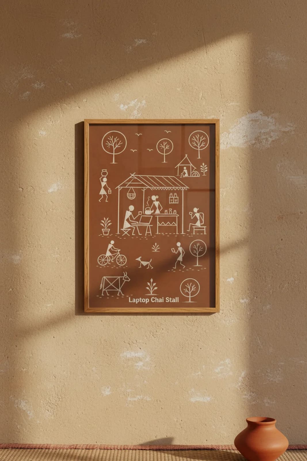 Laptop Chai Stall Warli print in natural oak A2 frame on warm-earth-neutral mud-plaster wall — rustic Indian folk art mockup