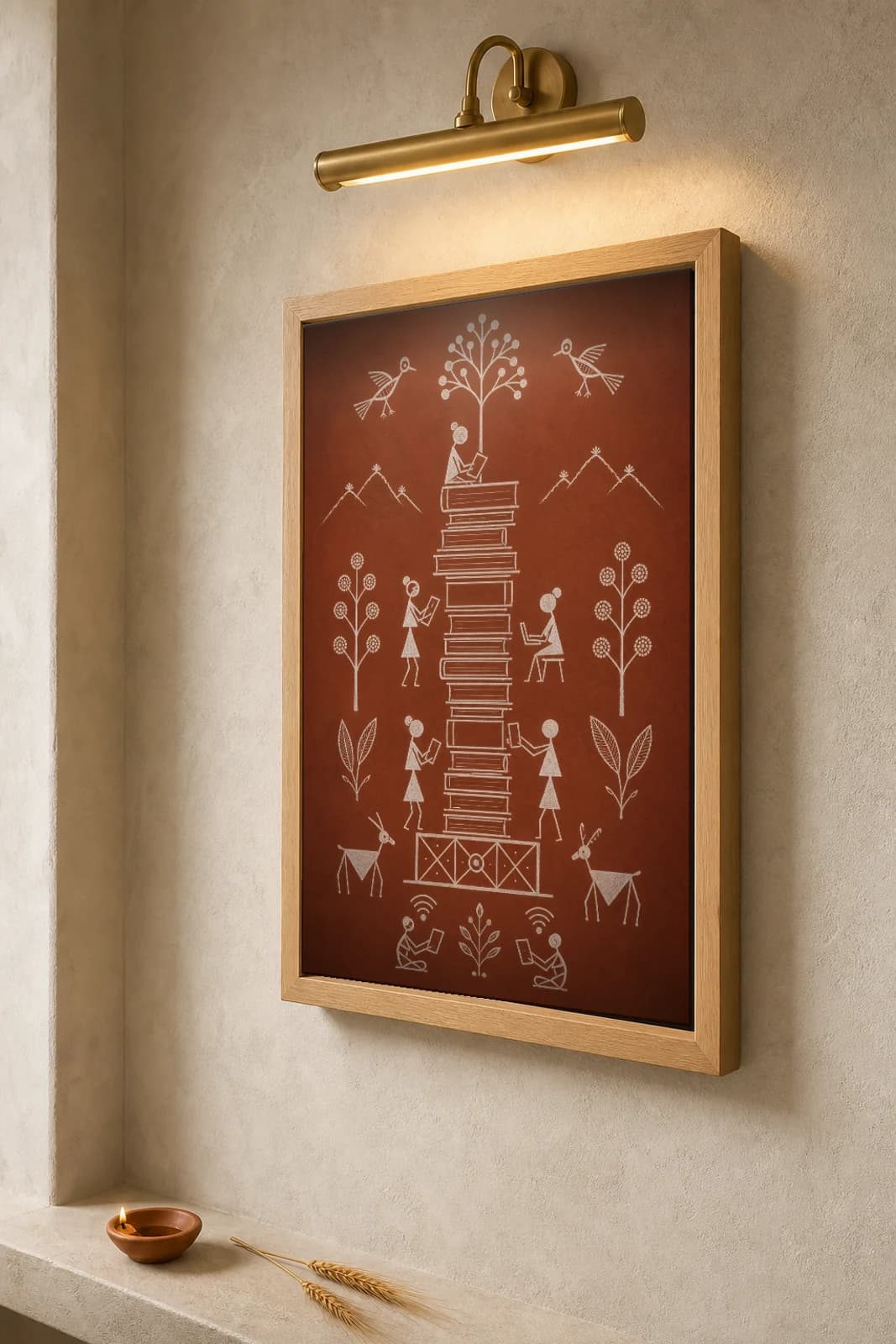 Shantiniketan Library Book Stack Warli Poster — fusion Indian folk art wall decor · framed A2 — the framed print shown at a three-quarter angle on a styled gallery wall in a natural-oak frame