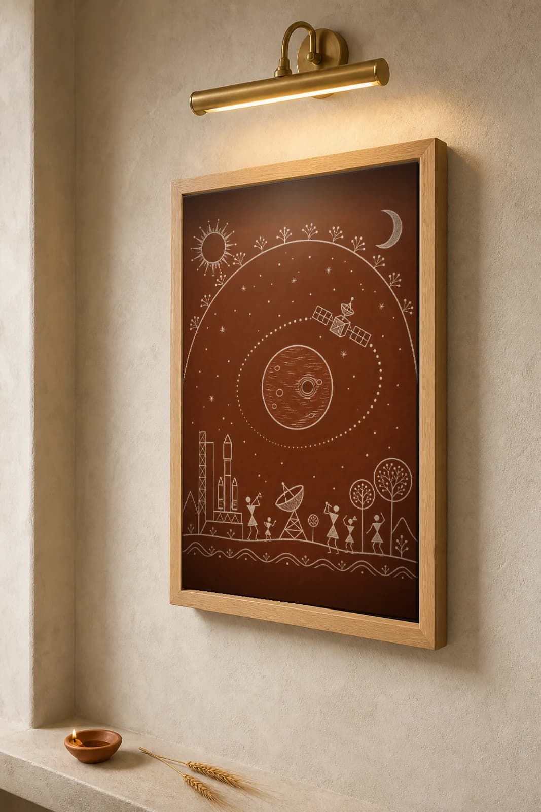 ISRO Mangalyaan Orbit Warli Poster — fusion Indian folk art wall decor · framed A2 — the framed print shown at a three-quarter angle on a styled gallery wall in a natural-oak frame