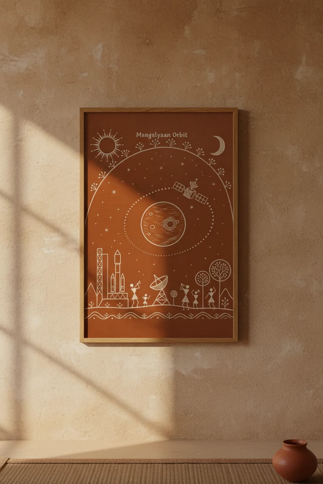 Mangalyaan Orbit Warli print in natural oak A2 frame on warm-earth-neutral mud-plaster wall — rustic Indian folk art mockup