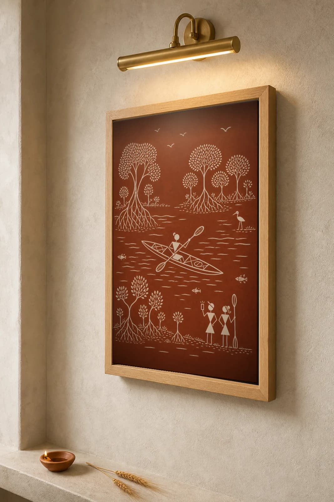 Konkan Mangrove Kayak Warli Poster — fusion Indian folk art wall decor · framed A2 — the framed print shown at a three-quarter angle on a styled gallery wall in a natural-oak frame