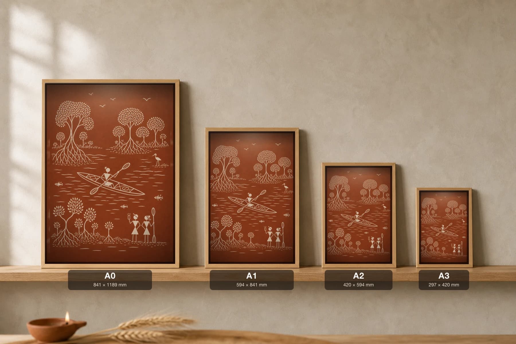Konkan Mangrove Kayak Warli Poster — fusion Indian folk art wall decor · framed A2 — print size guide showing the artwork at A0, A1, A2 and A3 in natural-oak frames at true relative scale
