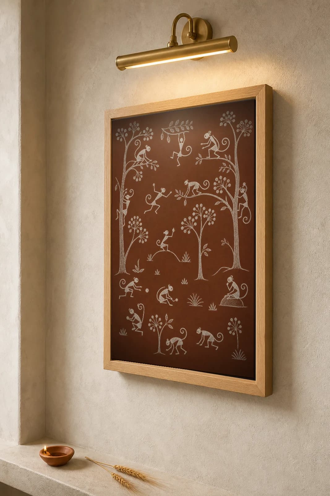 Jawhar Monkey Troop Canopy Warli Poster — classical Indian folk art wall decor · framed A2 — the framed print shown at a three-quarter angle on a styled gallery wall in a natural-oak frame