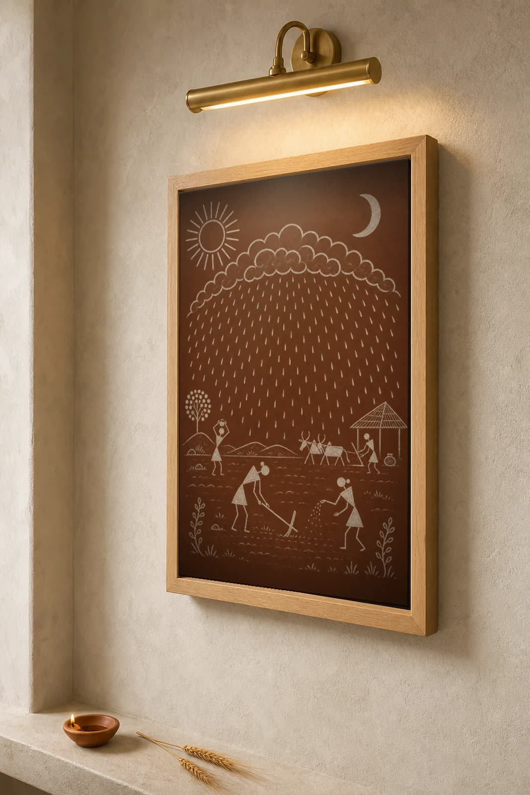 Jawhar Monsoon First Rain Warli Poster — classical Indian folk art wall decor · framed A2 — the framed print shown at a three-quarter angle on a styled gallery wall in a natural-oak frame