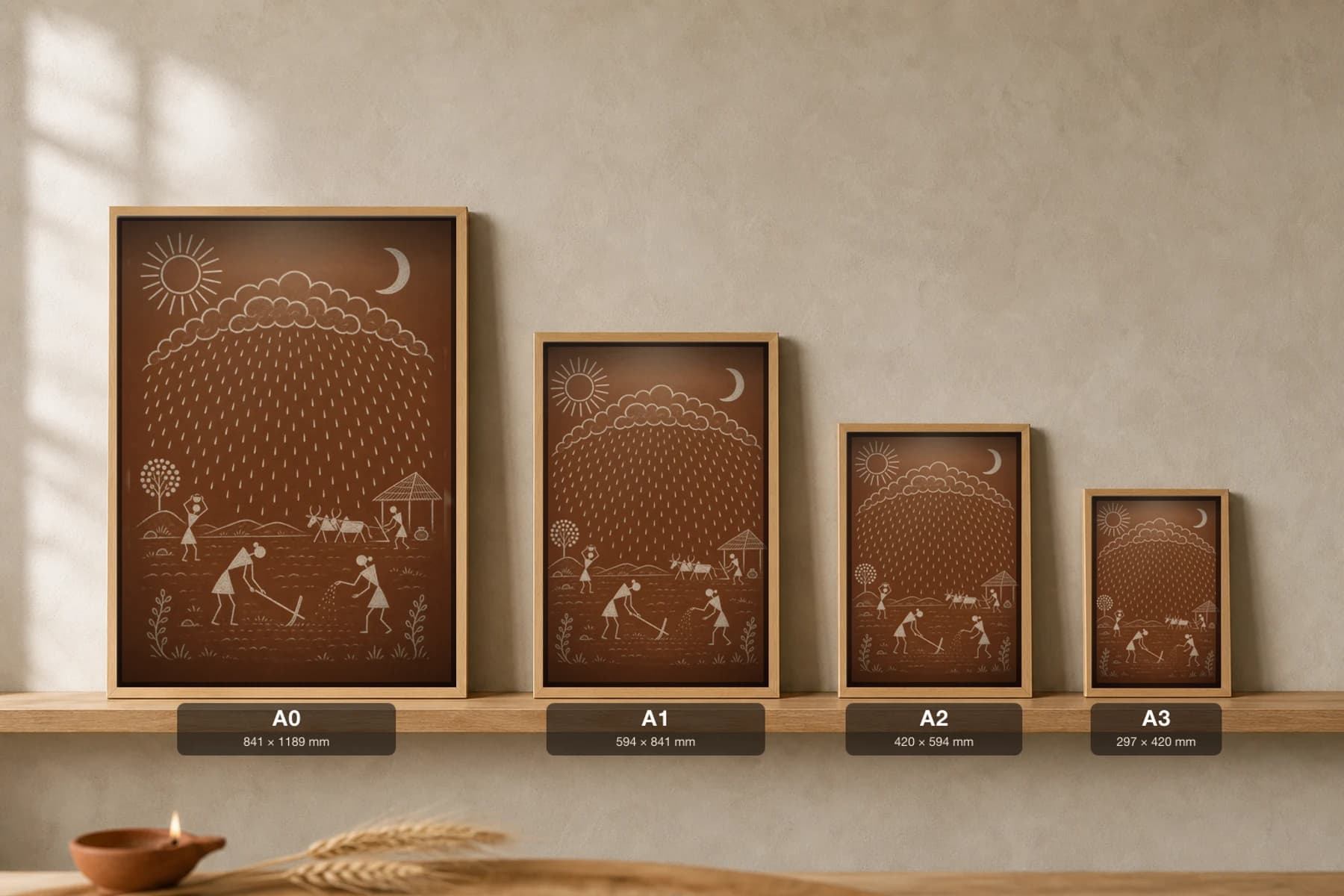 Jawhar Monsoon First Rain Warli Poster — classical Indian folk art wall decor · framed A2 — print size guide showing the artwork at A0, A1, A2 and A3 in natural-oak frames at true relative scale