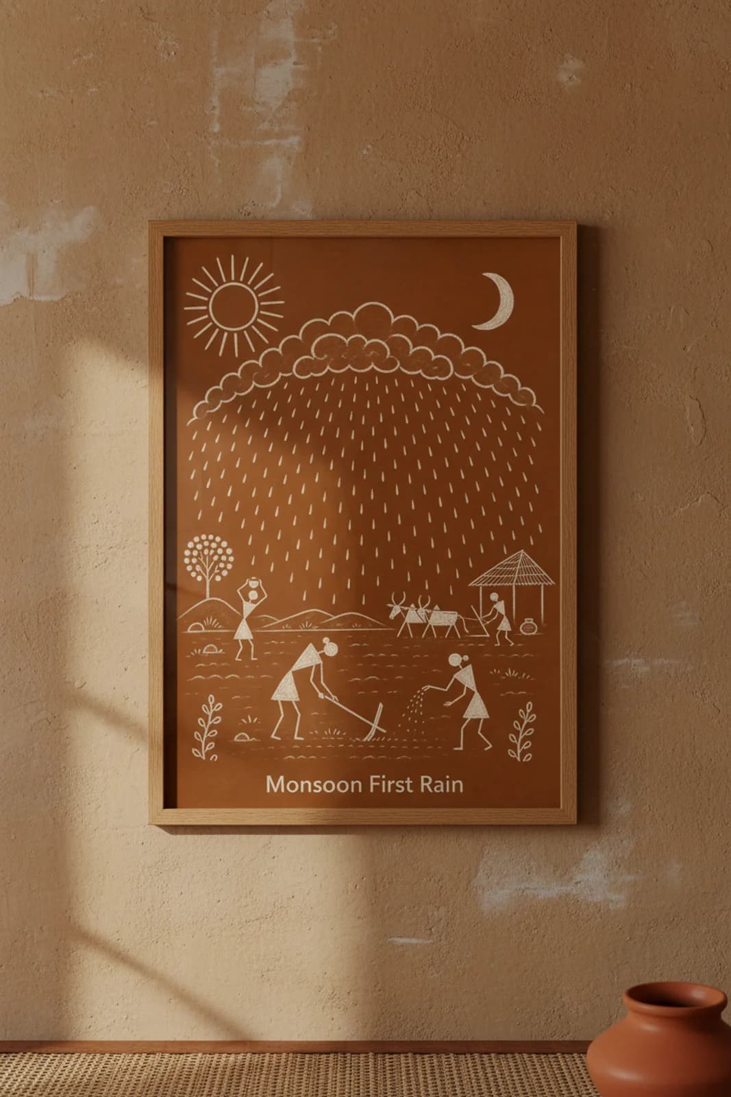 Monsoon First Rain Warli print in natural oak A2 frame on warm-earth-neutral mud-plaster wall — rustic Indian folk art mockup