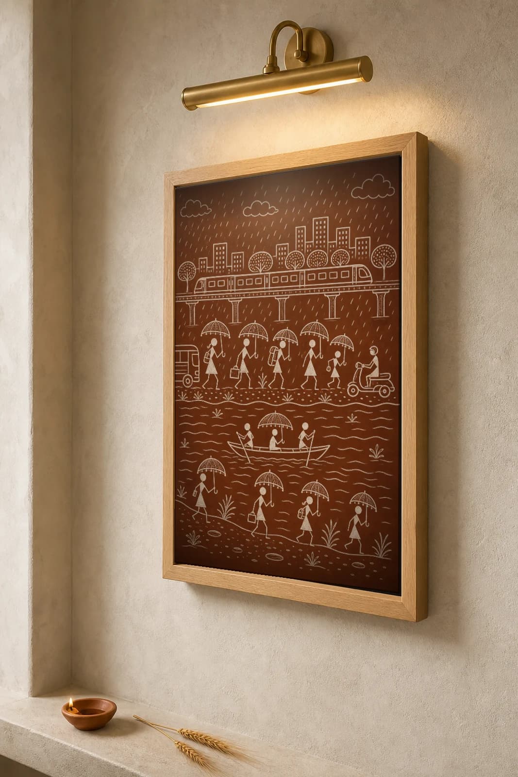 Mumbai Monsoon Umbrella Commute Warli Poster — fusion Indian folk art wall decor · framed A2 — the framed print shown at a three-quarter angle on a styled gallery wall in a natural-oak frame