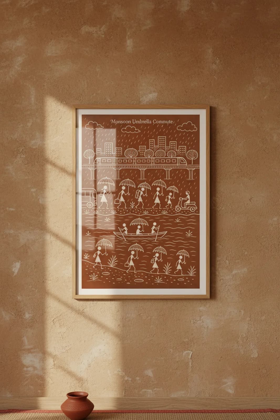 Monsoon Umbrella Commute Warli print in natural oak A2 frame on warm-earth-neutral mud-plaster wall — rustic Indian folk art mockup