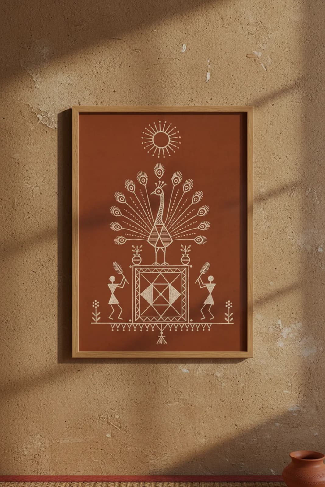Mor Chauk Bird Warli print in natural oak A2 frame on warm-earth-neutral mud-plaster wall — rustic Indian folk art mockup