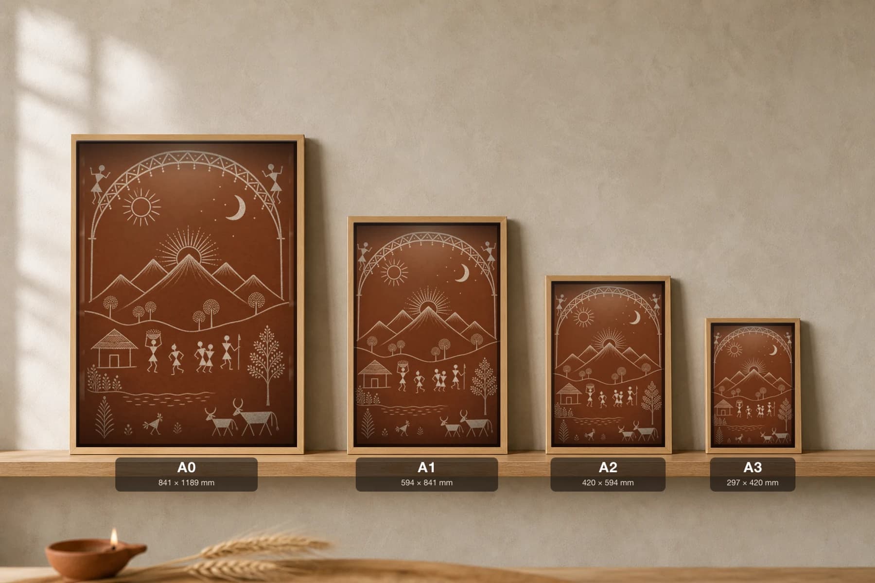 Talasari Mountain Sunrise Warli Poster — classical Indian folk art wall decor · framed A2 — print size guide showing the artwork at A0, A1, A2 and A3 in natural-oak frames at true relative scale