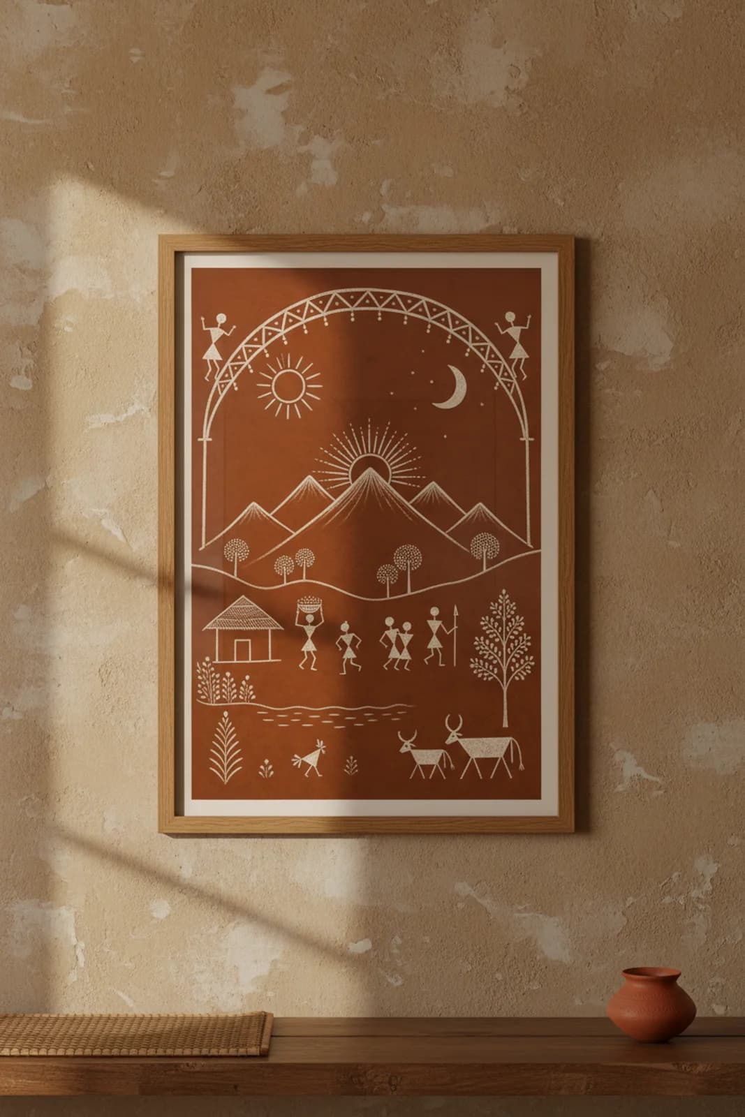 Mountain Sunrise Warli print in natural oak A2 frame on warm-earth-neutral mud-plaster wall — rustic Indian folk art mockup