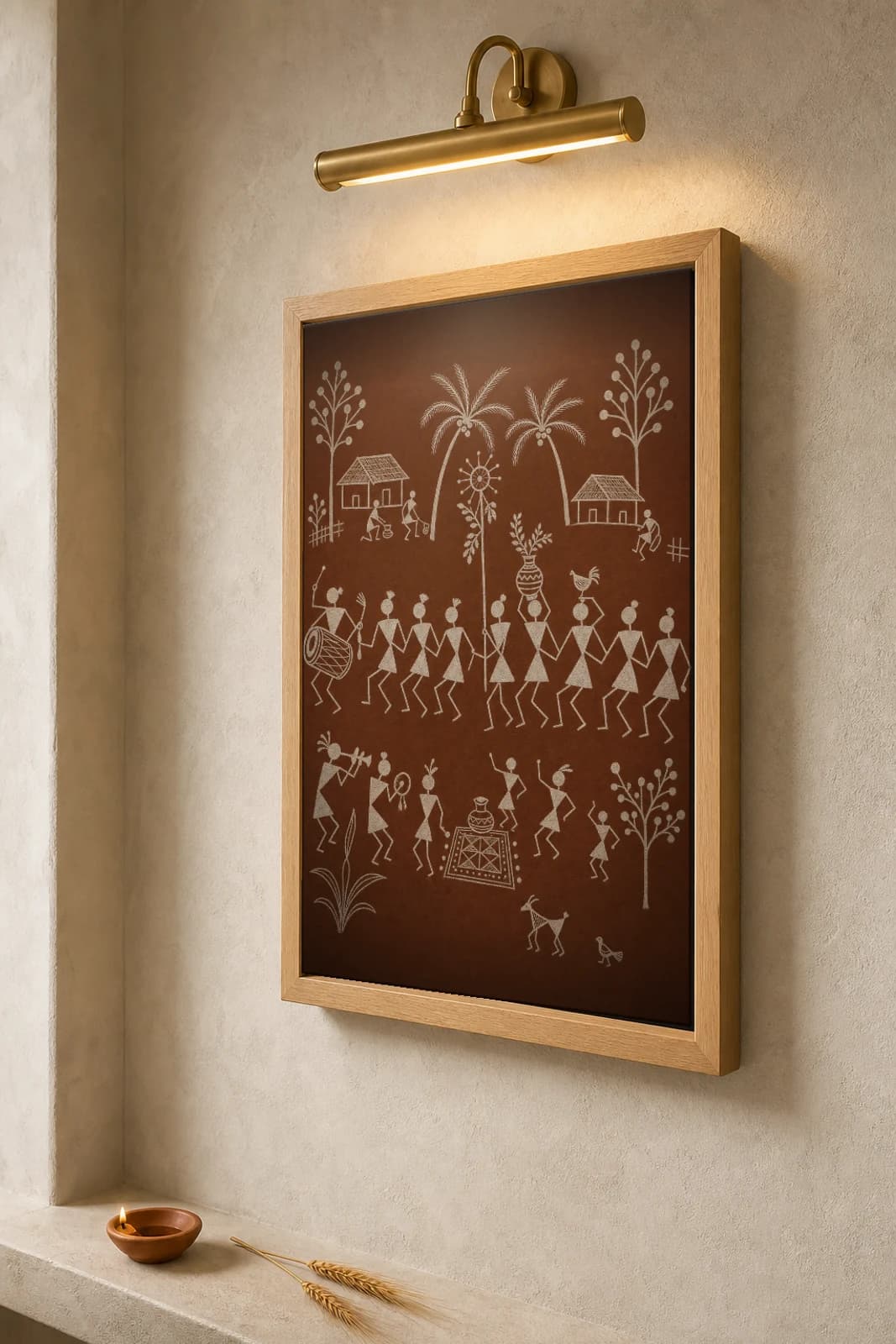 Talasari New Year Harvest Fete Warli Poster — classical Indian folk art wall decor · framed A2 — the framed print shown at a three-quarter angle on a styled gallery wall in a natural-oak frame