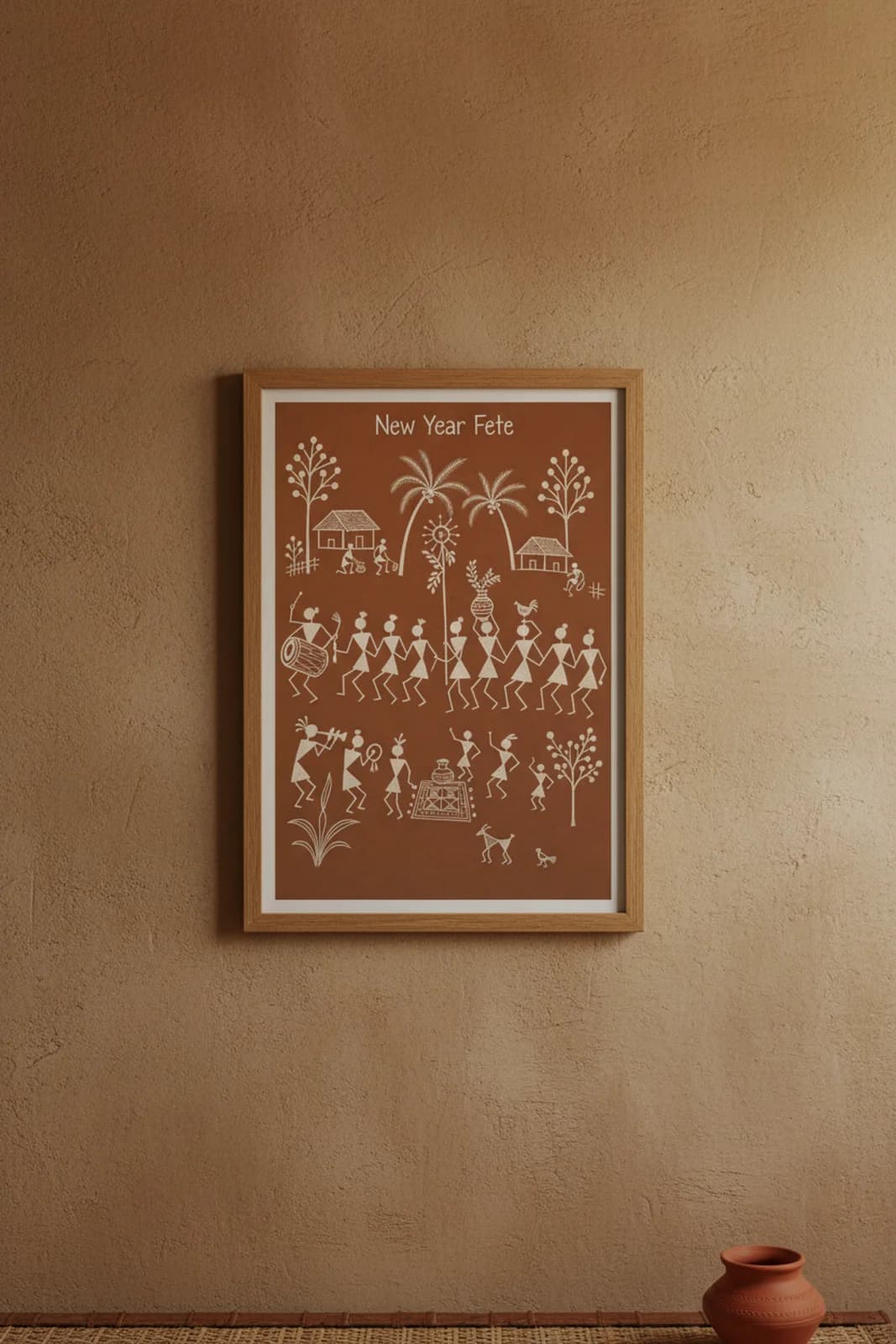 New Year Fete Warli print in natural oak A2 frame on warm-earth-neutral mud-plaster wall — rustic Indian folk art mockup