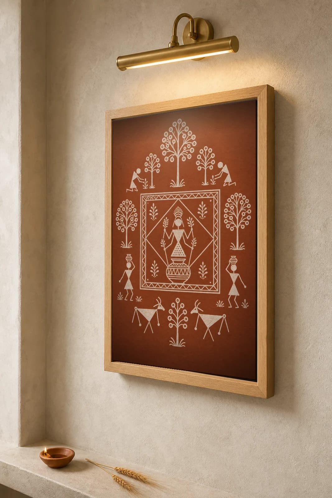 Dahanu Palghat Goddess Chauk Warli Poster — classical Indian folk art wall decor · framed A2 — the framed print shown at a three-quarter angle on a styled gallery wall in a natural-oak frame
