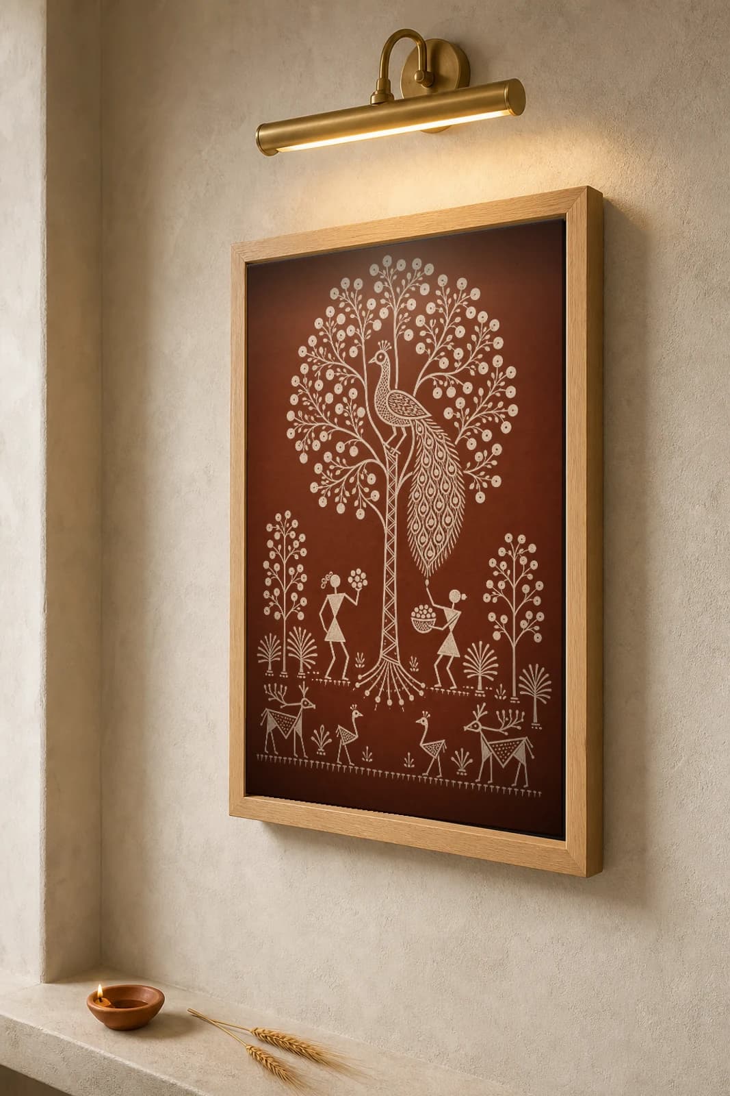 Dahanu Peacock Tree Perch Warli Poster — classical Indian folk art wall decor · framed A2 — the framed print shown at a three-quarter angle on a styled gallery wall in a natural-oak frame