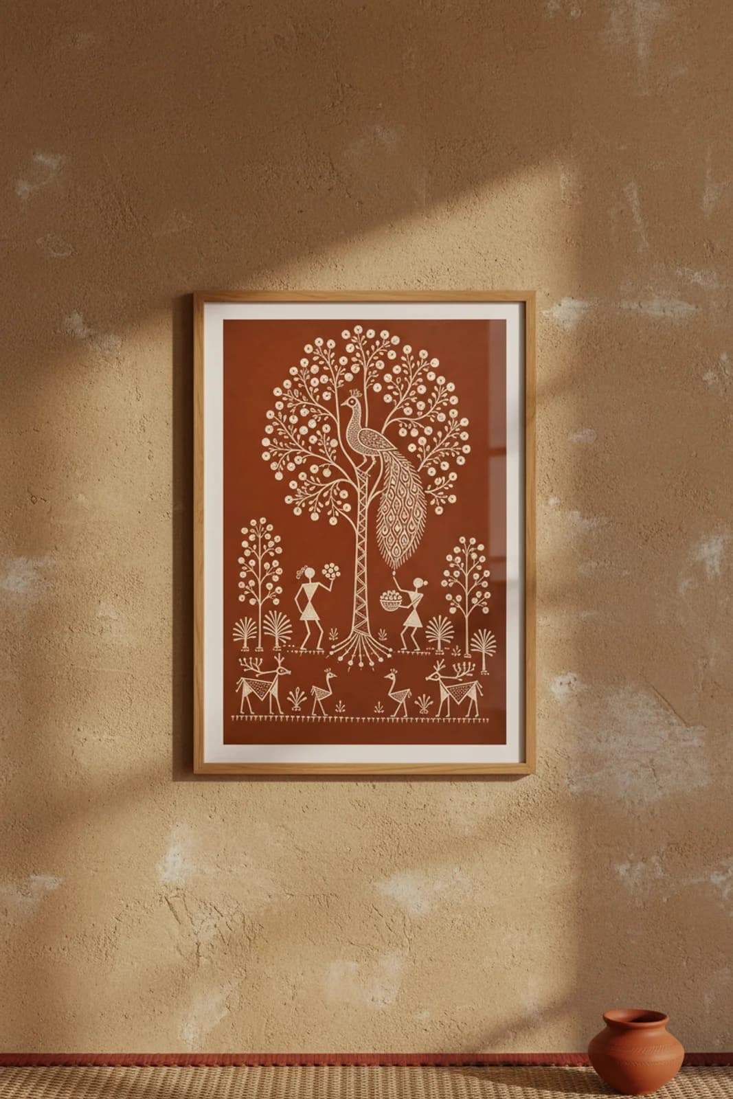 Peacock Tree Perch Warli print in natural oak A2 frame on warm-earth-neutral mud-plaster wall — rustic Indian folk art mockup