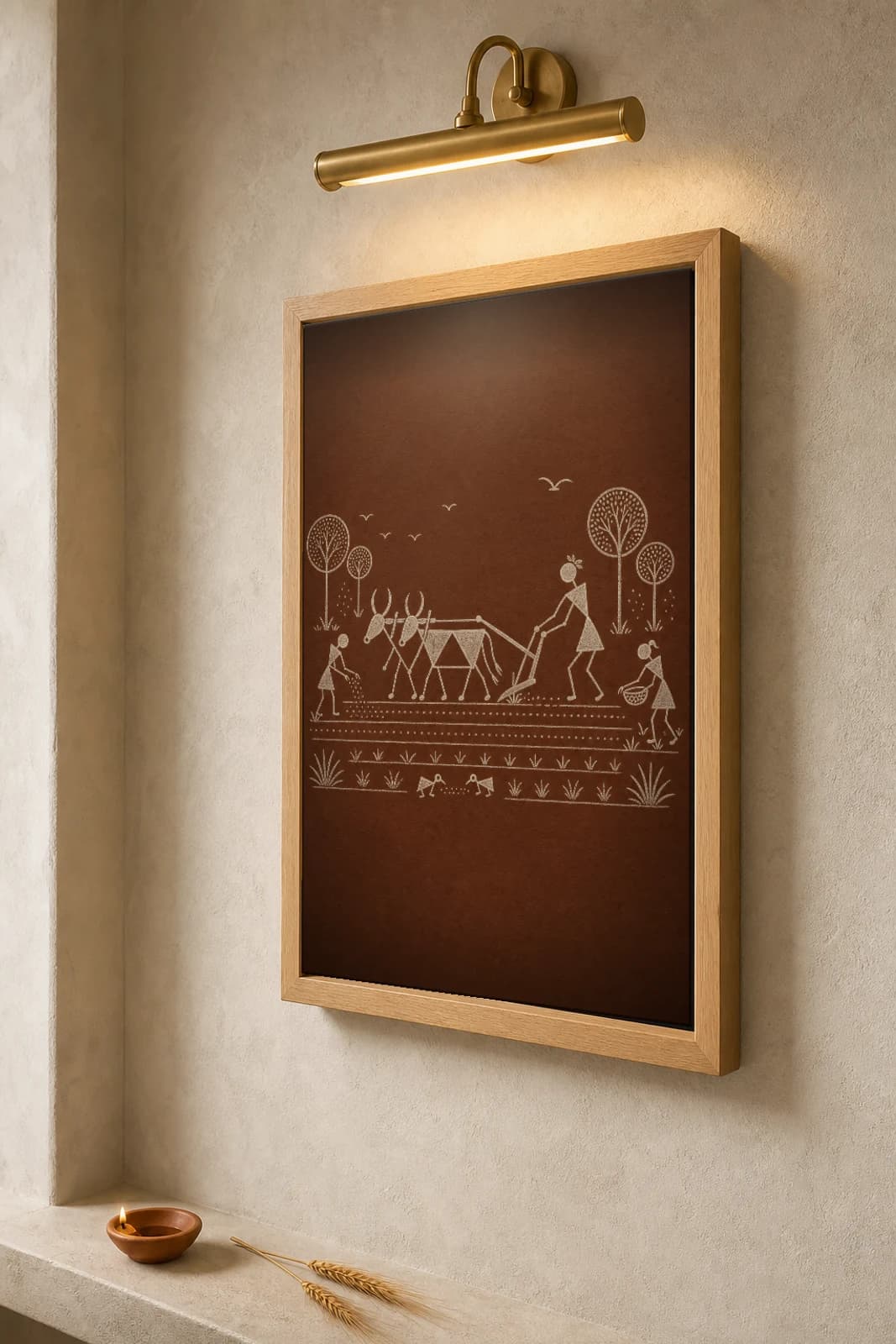 Jawhar Plough Bullock Field Warli Poster — classical Indian folk art wall decor · framed A2 — the framed print shown at a three-quarter angle on a styled gallery wall in a natural-oak frame