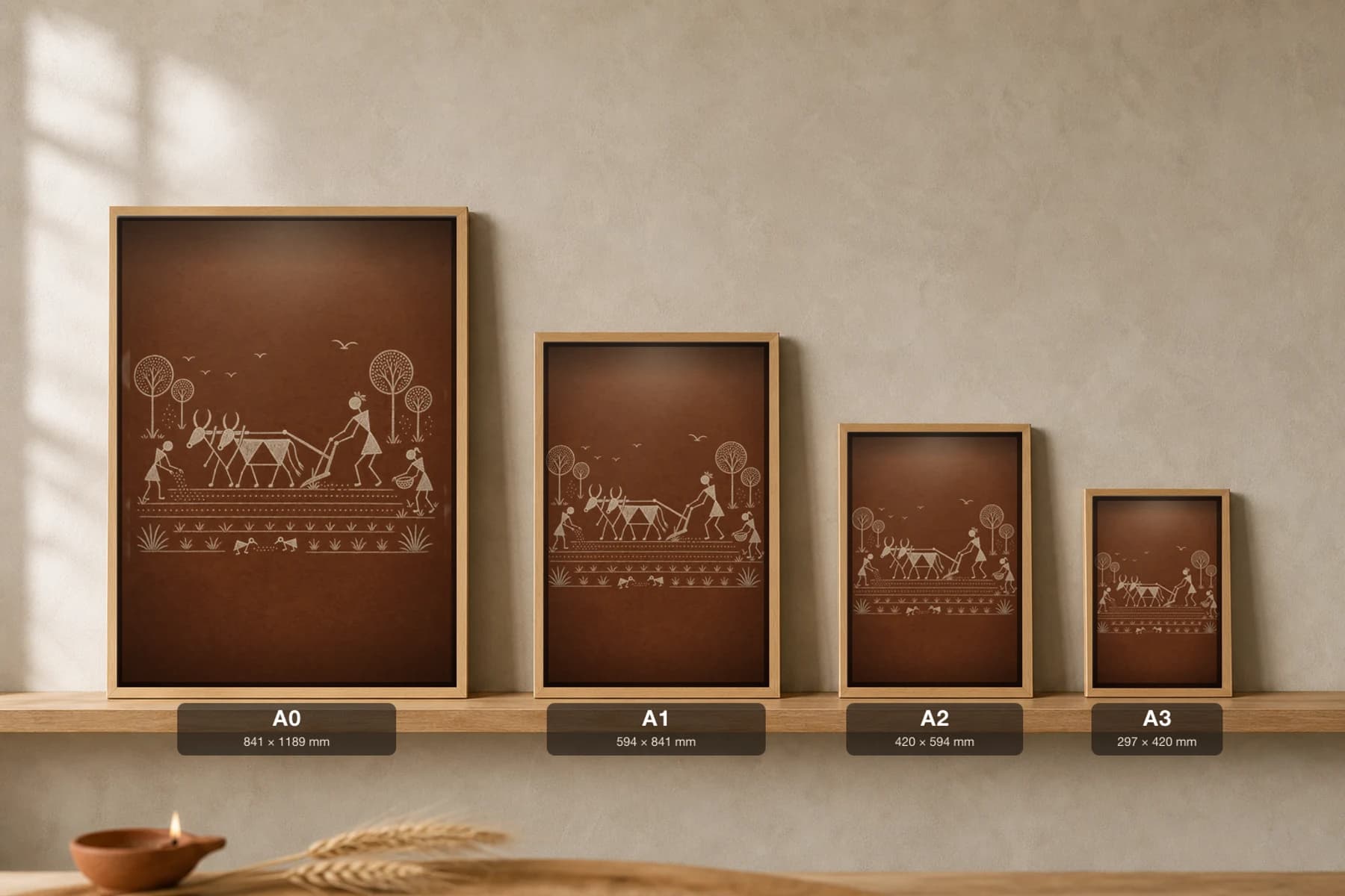 Jawhar Plough Bullock Field Warli Poster — classical Indian folk art wall decor · framed A2 — print size guide showing the artwork at A0, A1, A2 and A3 in natural-oak frames at true relative scale
