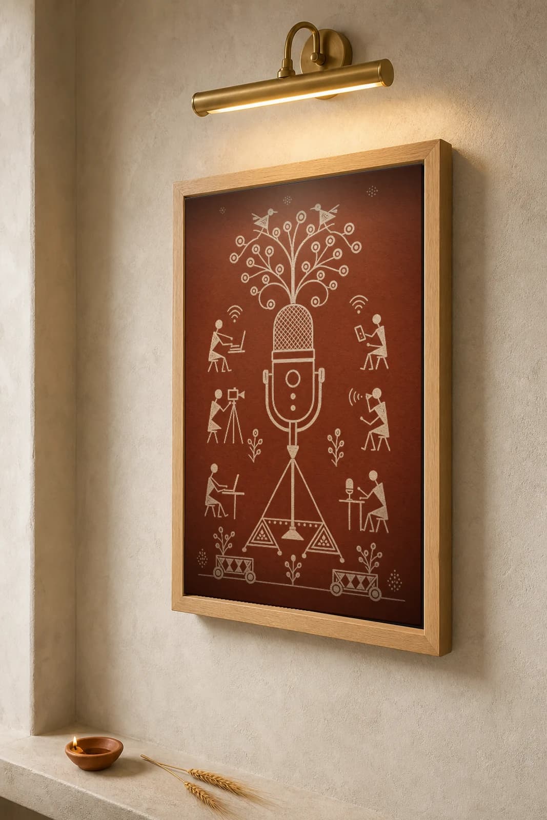 Delhi Podcast Mic Warli Poster — fusion Indian folk art wall decor · framed A2 — the framed print shown at a three-quarter angle on a styled gallery wall in a natural-oak frame