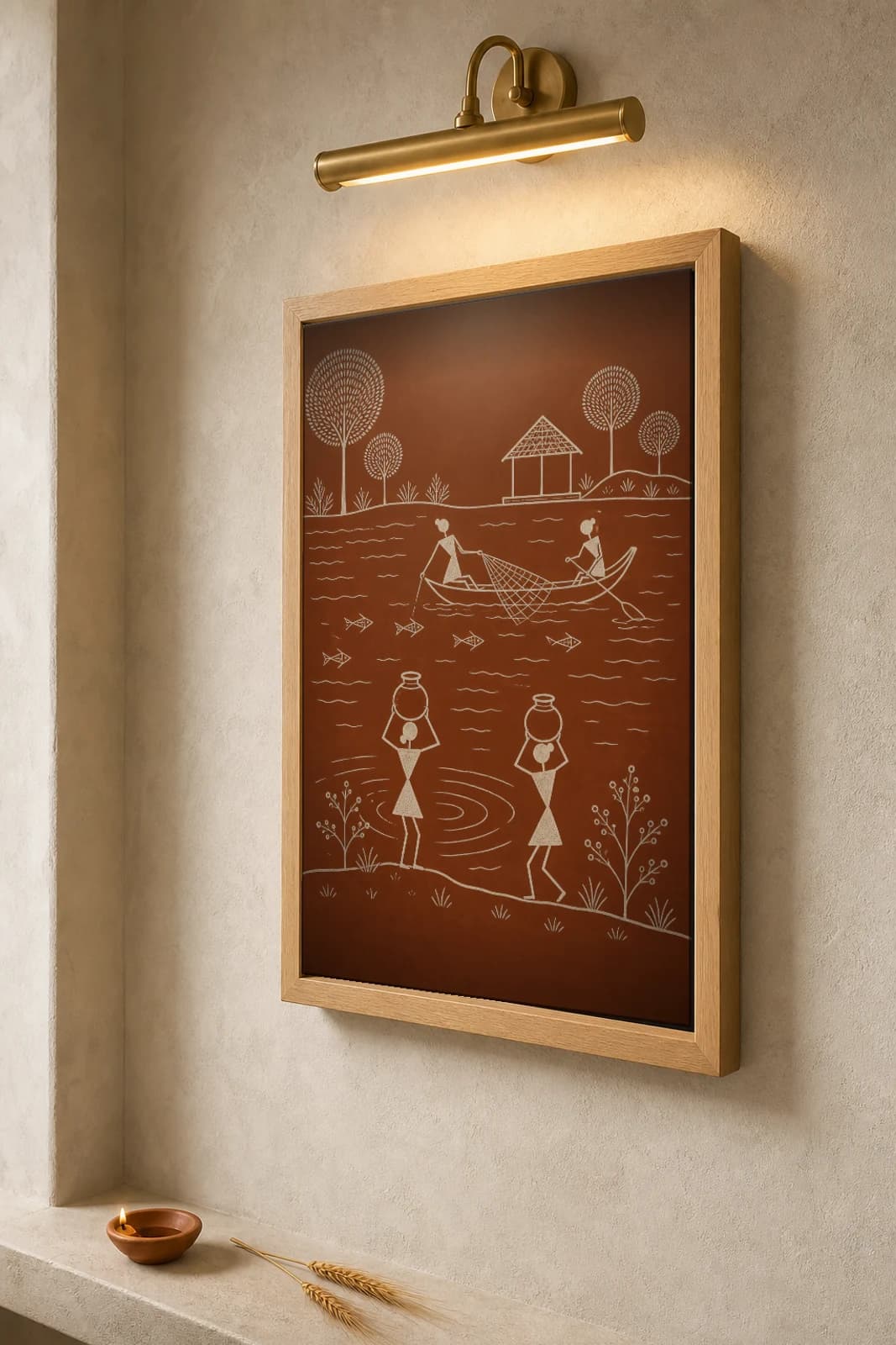 Dahanu Pond Women Vessel Warli Poster — classical Indian folk art wall decor · framed A2 — the framed print shown at a three-quarter angle on a styled gallery wall in a natural-oak frame