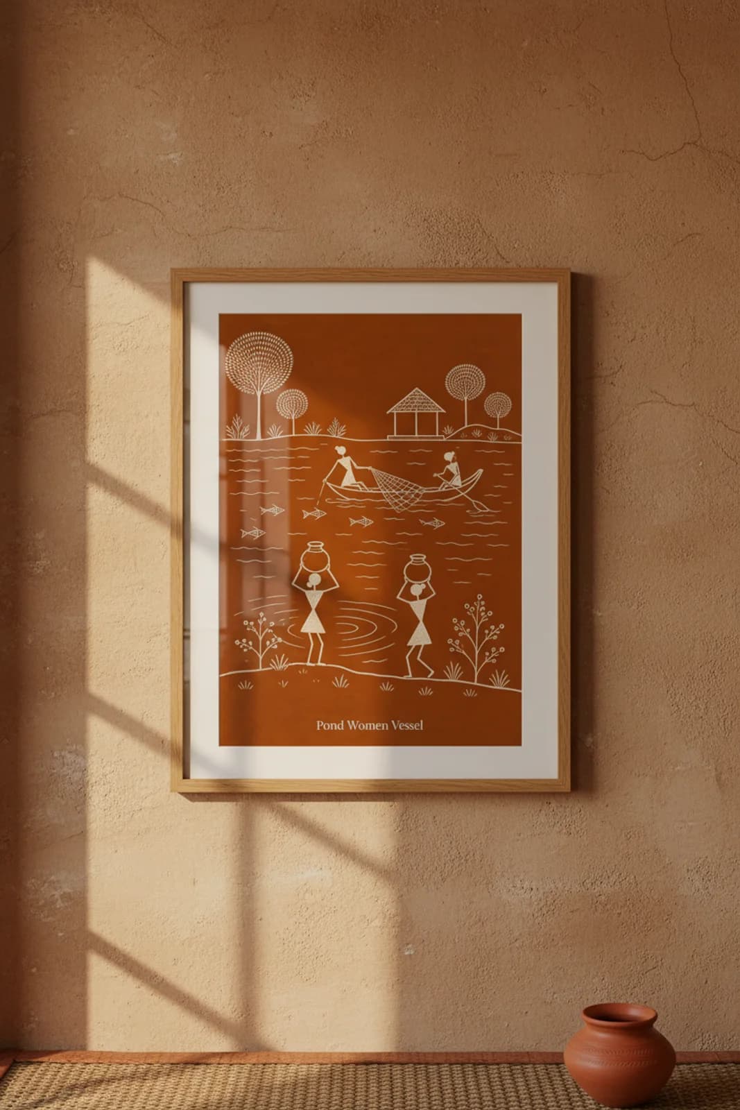 Pond Women Vessel Warli print in natural oak A2 frame on warm-earth-neutral mud-plaster wall — rustic Indian folk art mockup
