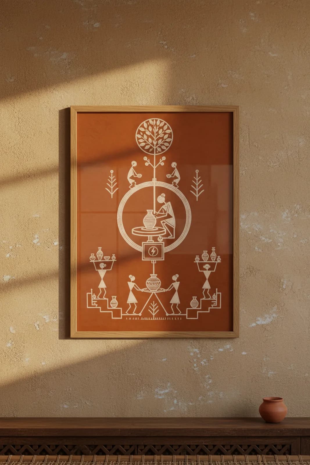 Electric Potter Wheel Warli print in natural oak A2 frame on warm-earth-neutral mud-plaster wall — rustic Indian folk art mockup