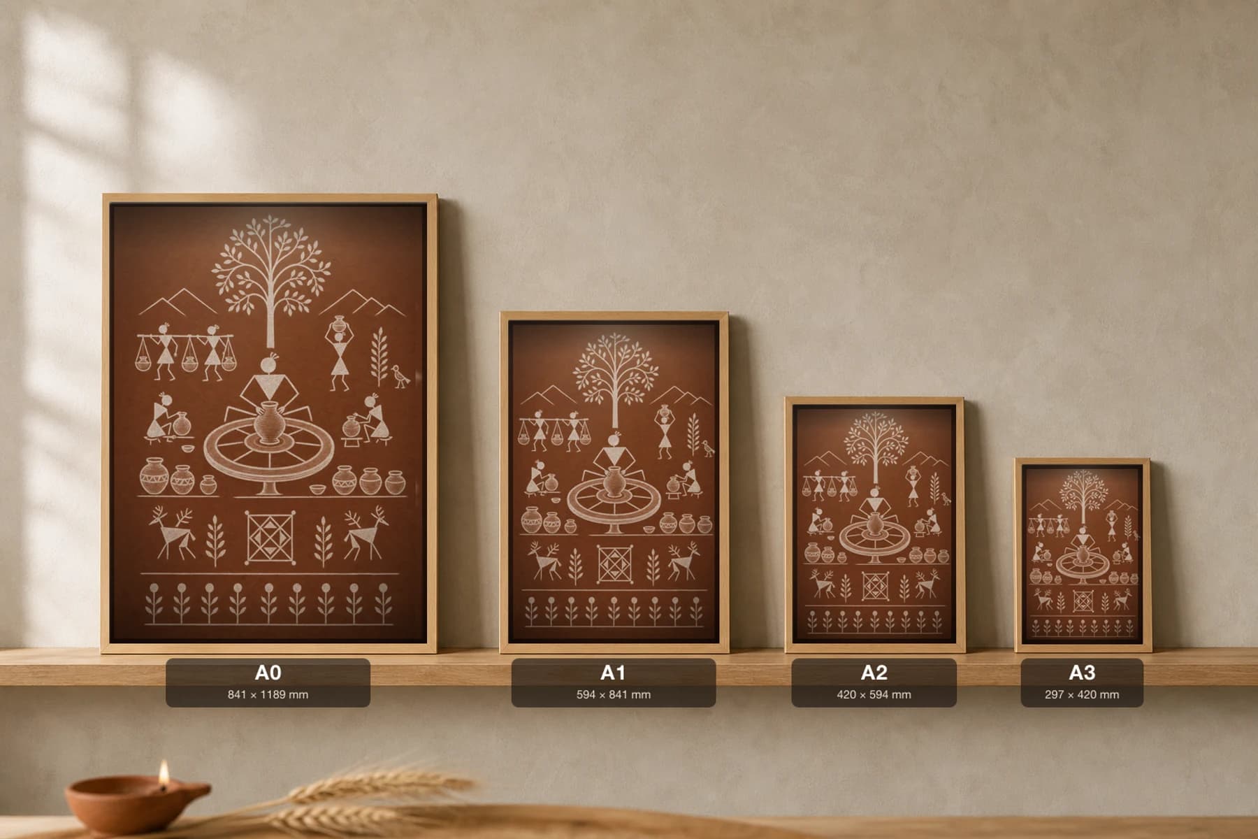 Palghar Potter Wheel Scene Warli Poster — classical Indian folk art wall decor · framed A2 — print size guide showing the artwork at A0, A1, A2 and A3 in natural-oak frames at true relative scale