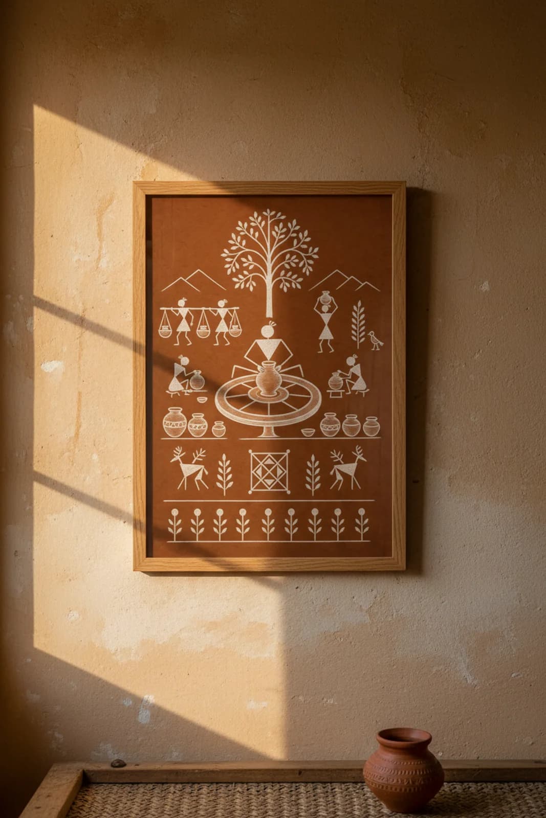 Potter Wheel Scene Warli print in natural oak A2 frame on warm-earth-neutral mud-plaster wall — rustic Indian folk art mockup