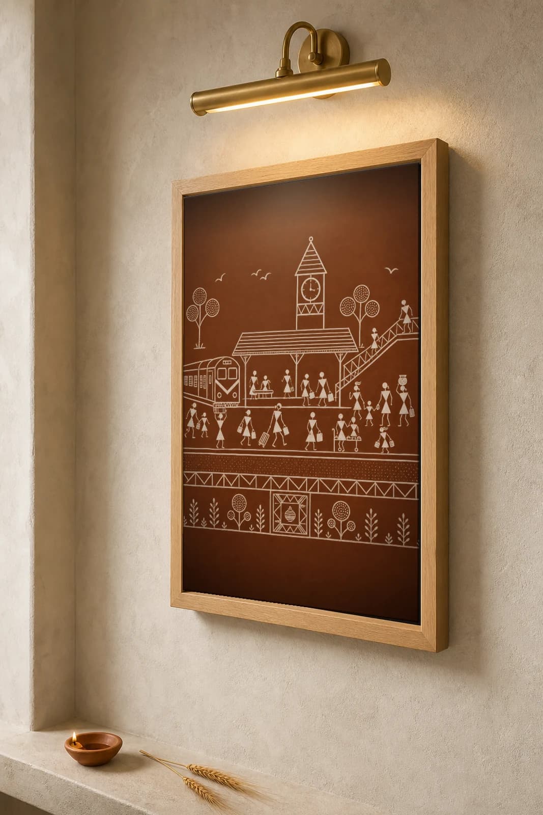 Kanpur Railway Platform Warli Poster — fusion Indian folk art wall decor · framed A2 — the framed print shown at a three-quarter angle on a styled gallery wall in a natural-oak frame