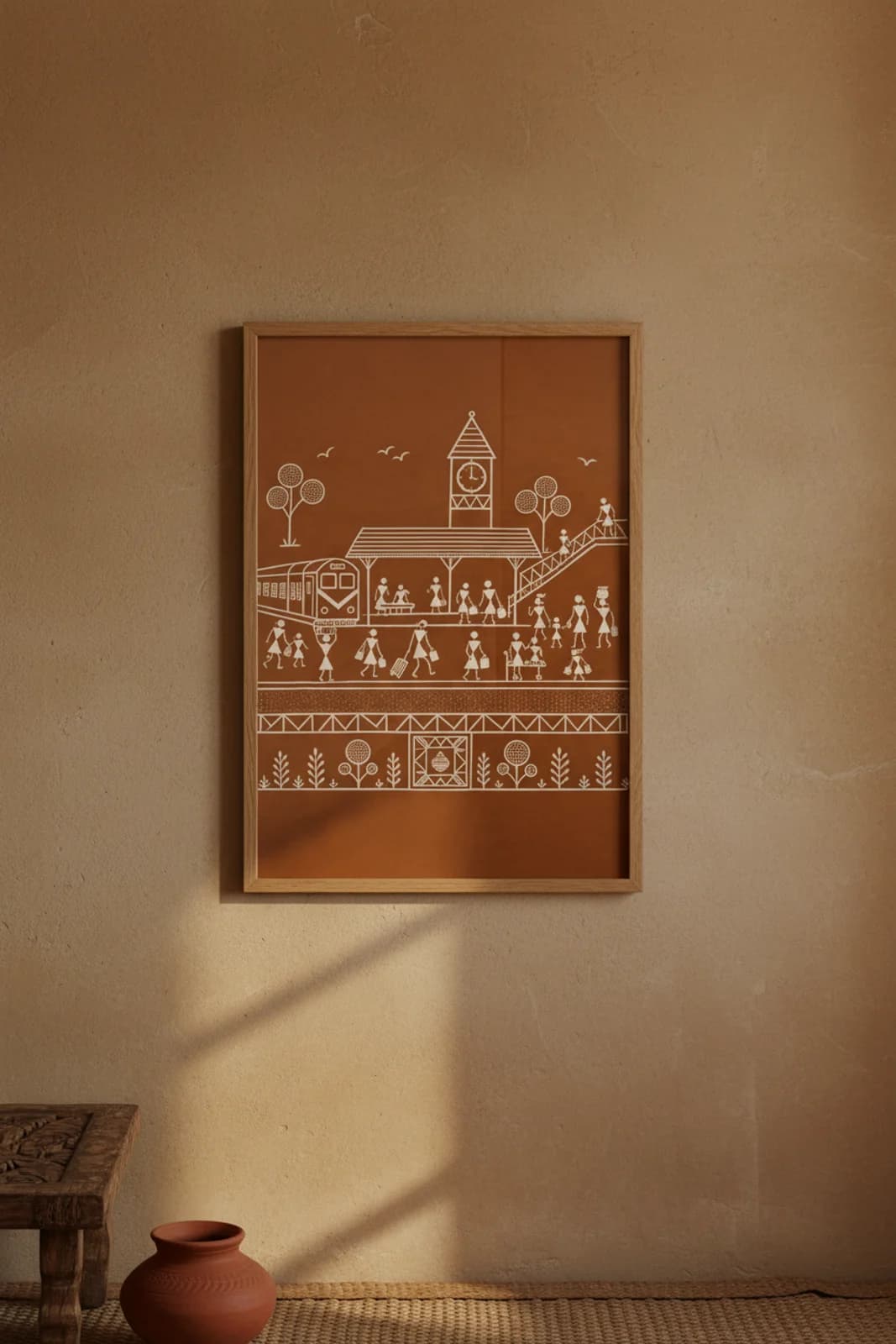 Railway Platform Warli print in natural oak A2 frame on warm-earth-neutral mud-plaster wall — rustic Indian folk art mockup